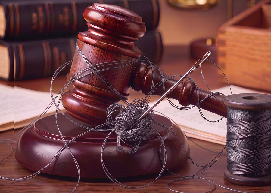A judge's gavel wound with sewing thread next to a spool.